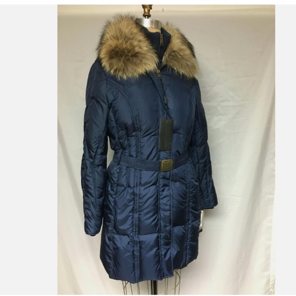 Andrew Marc Spirit Belted Down Coat /Racoon Collar Navy Medium AWOAE008 NWT $595 - Picture 4 of 5